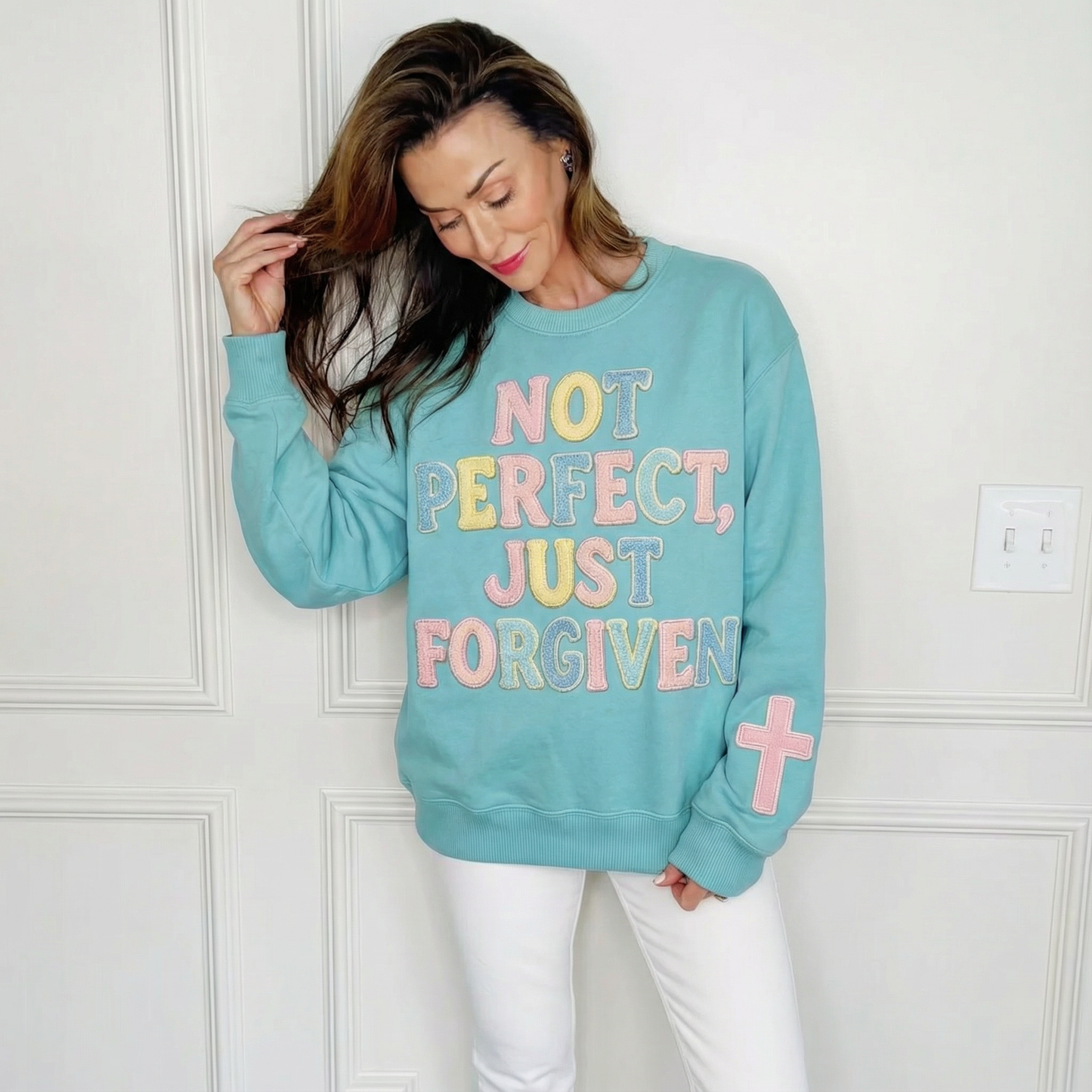Not Perfect, Just Forgiven Aqua Crewneck Sweatshirt