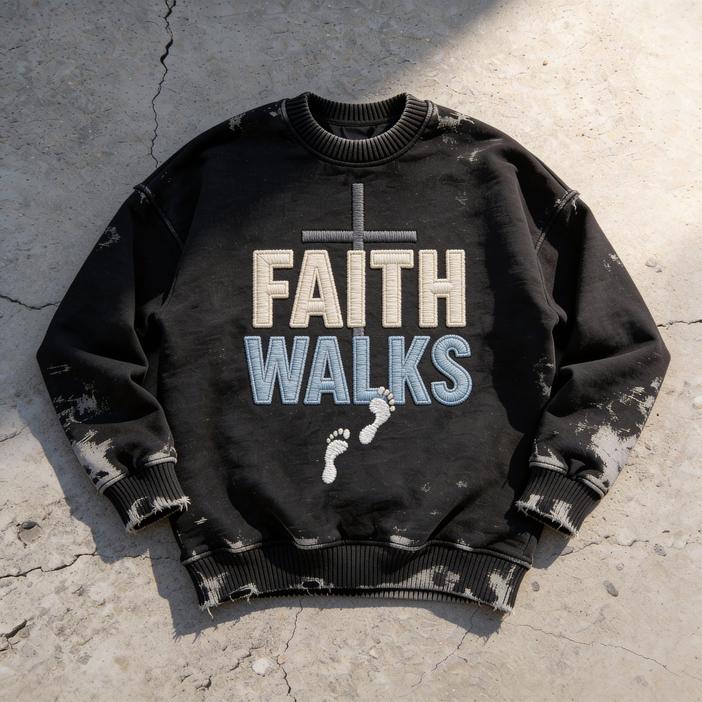 Faith Walks Acid-Wash Black Crewneck Sweatshirt