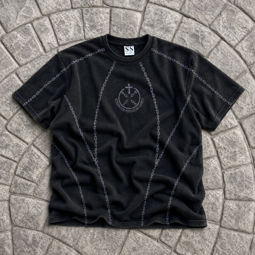 Broken Chains Embroidered Tee – Washed Black