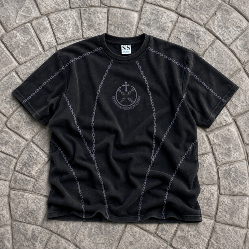 Broken Chains Embroidered Tee – Washed Black