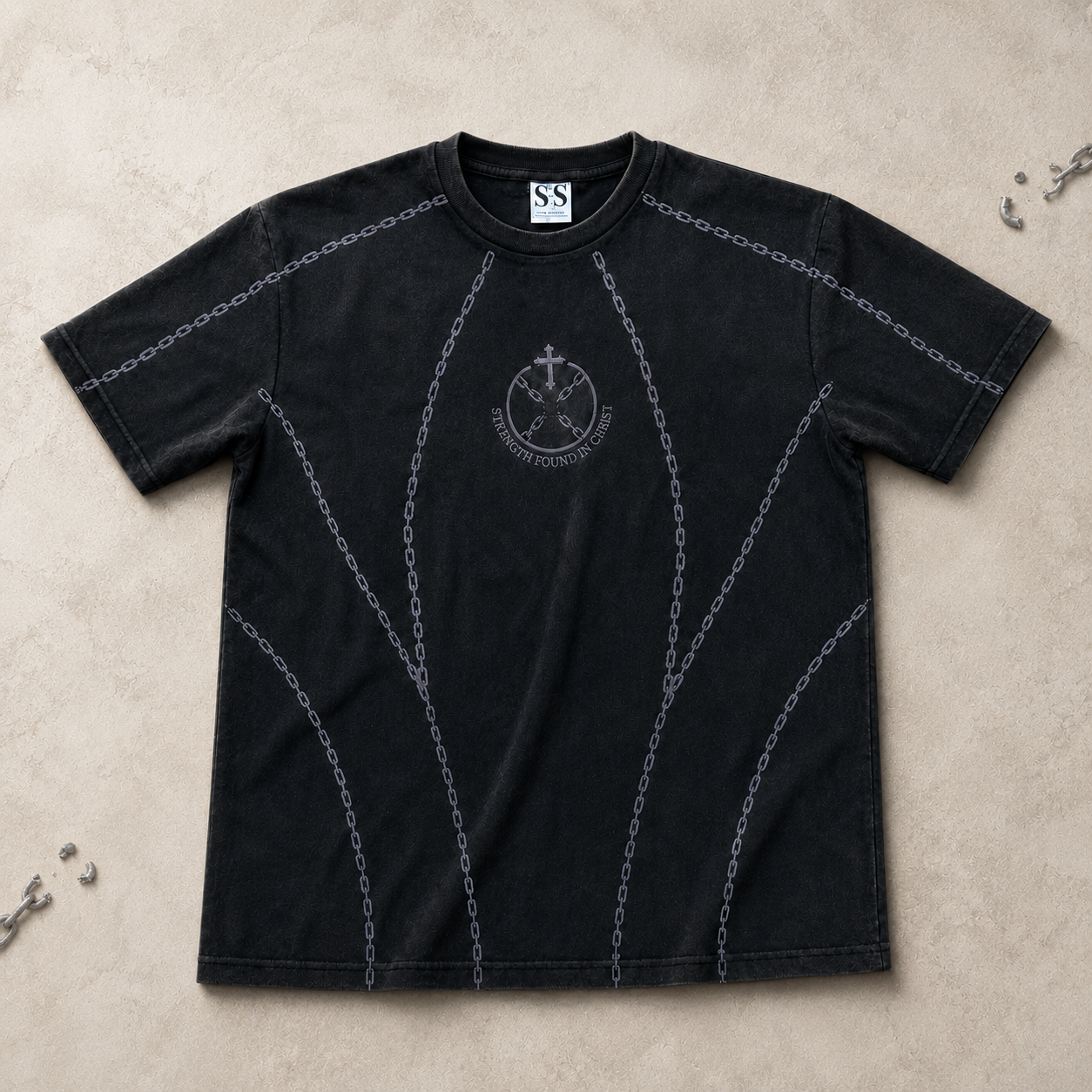 Broken Chains Embroidered Tee – Washed Black