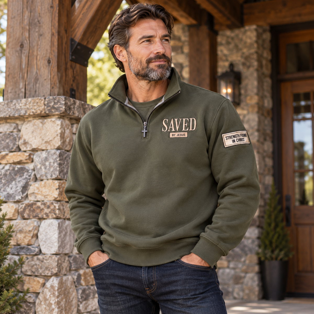 Saved by Jesus Quarter Zip | Heritage Olive