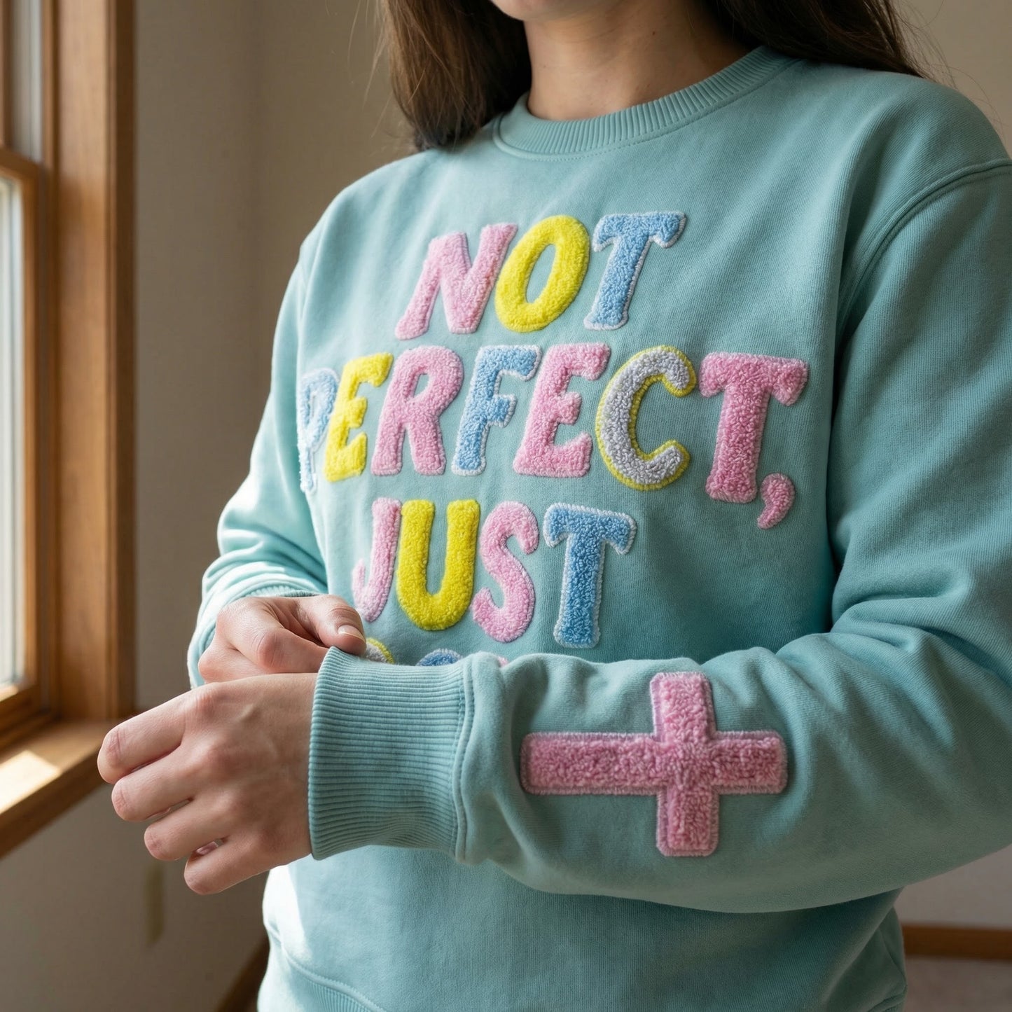 Not Perfect, Just Forgiven Aqua Crewneck