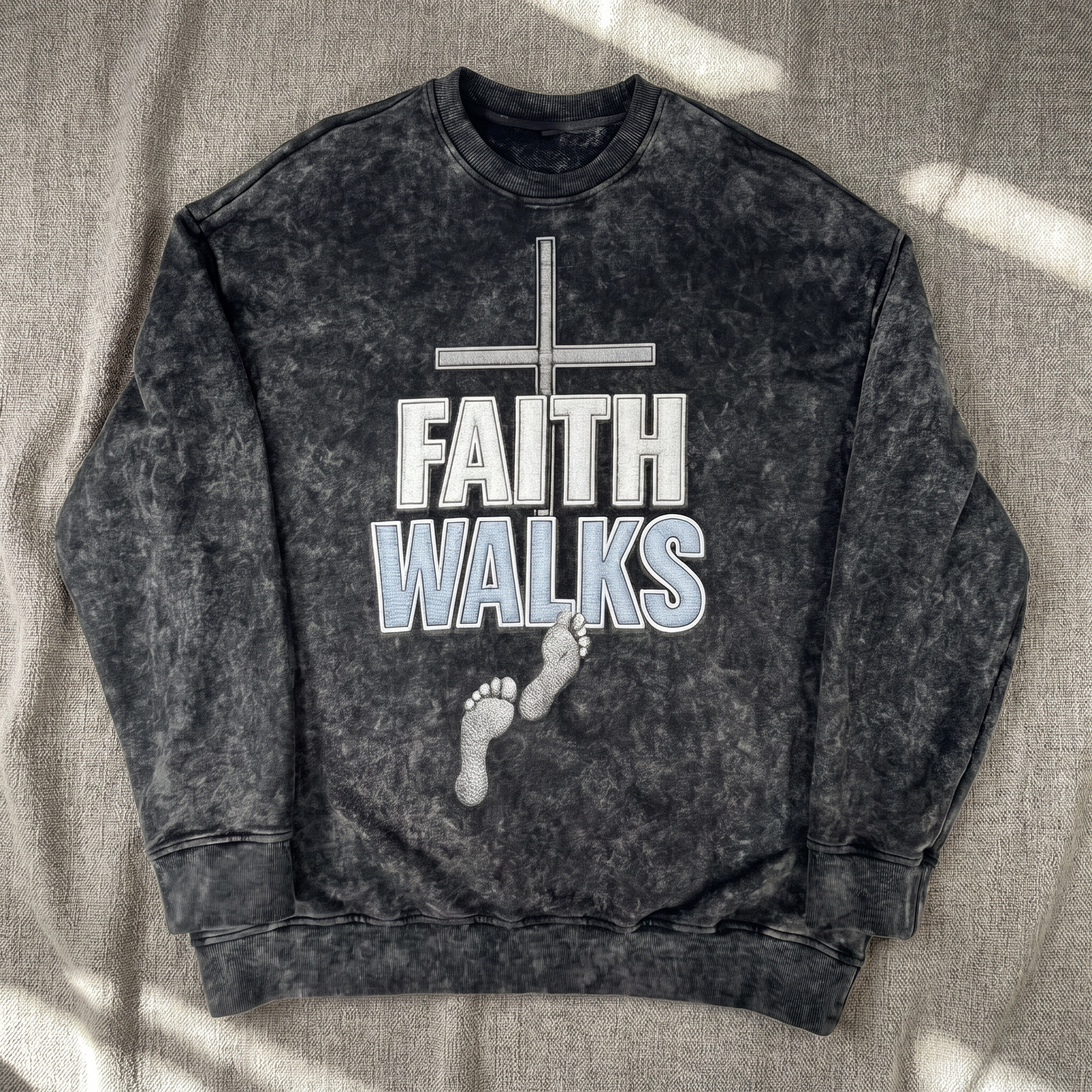 Faith Walks Snow Washed Crewneck