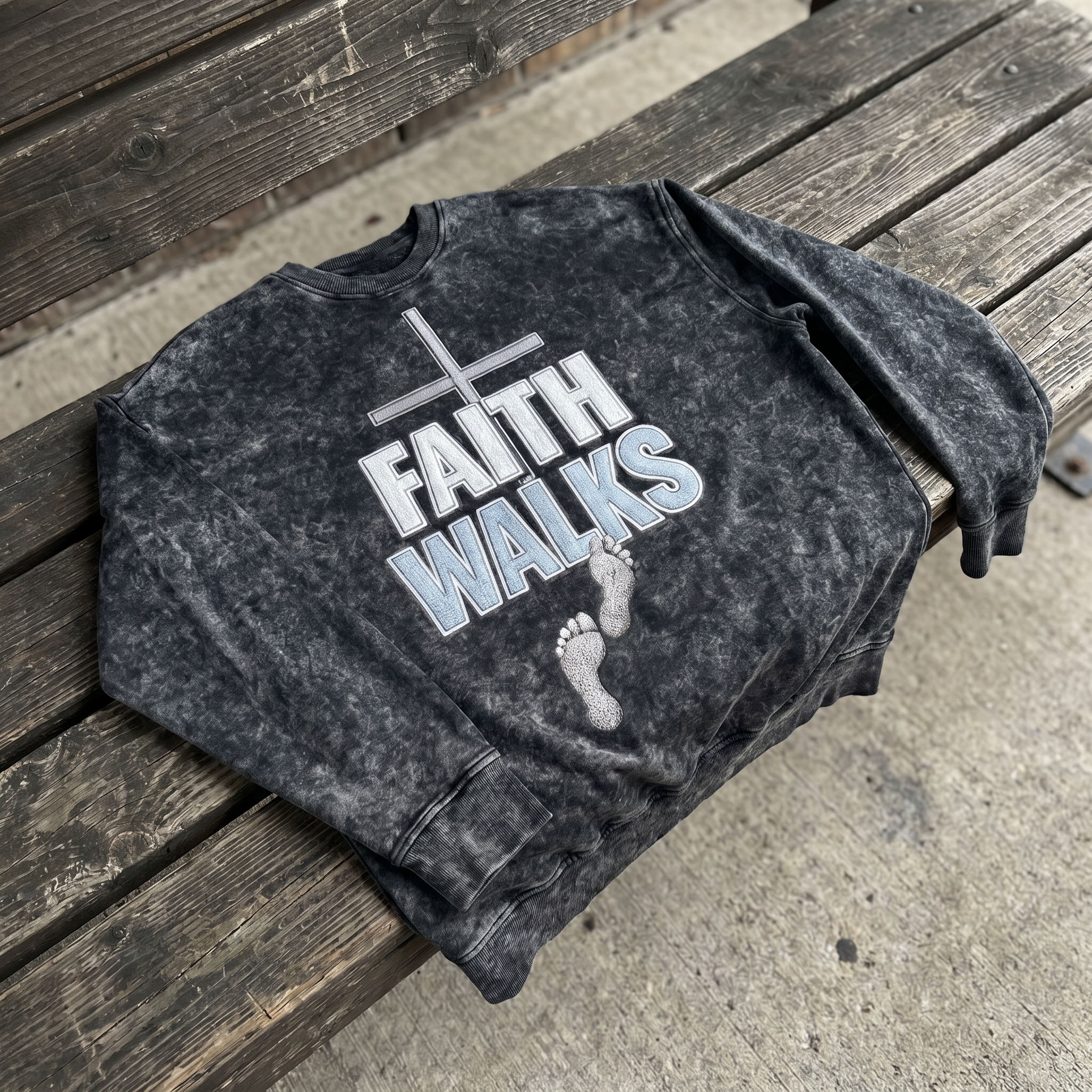 Faith Walks Snow Washed Crewneck