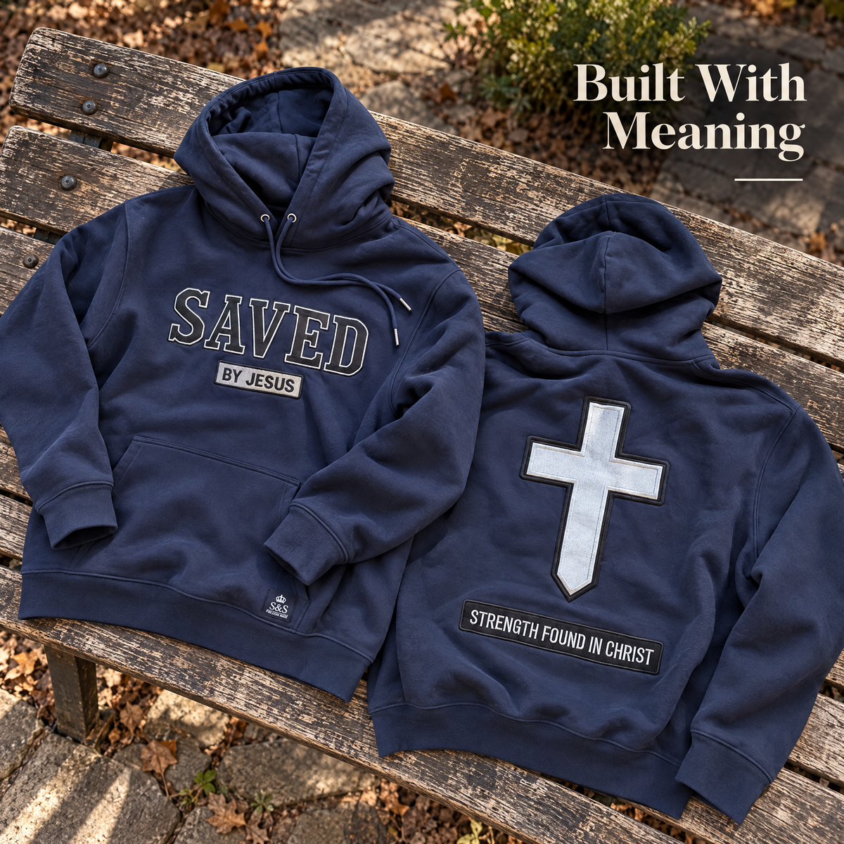 Heritage Navy Saved by Jesus hoodie laid on a weathered wooden bench with embroidered SAVED and BY JESUS chest details