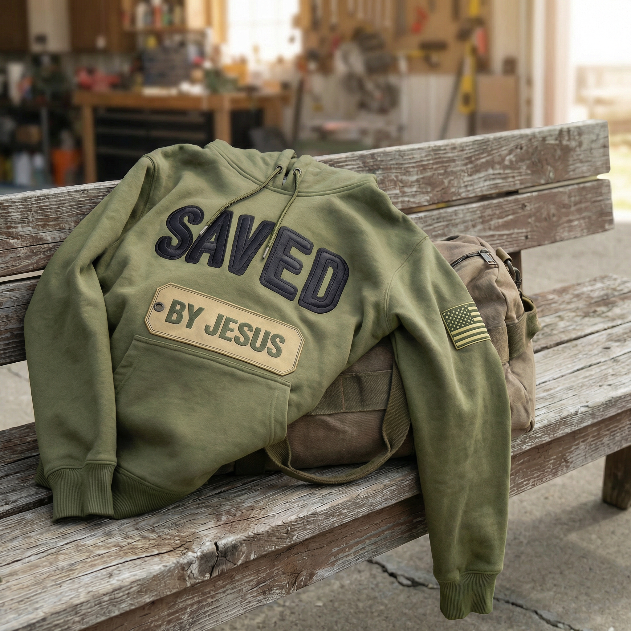 Green hoodie with 'SAVED BY JESUS' text on a wooden bench in a workshop setting