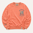 Coral crewneck with graphic design and branding on a white background
