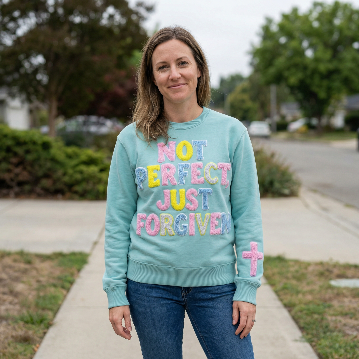 Not Perfect, Just Forgiven Aqua Crewneck