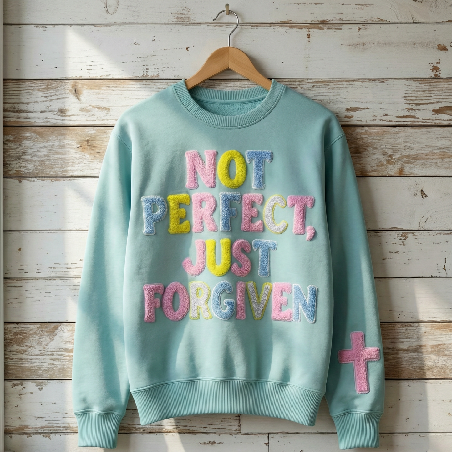 Not Perfect, Just Forgiven Aqua Crewneck