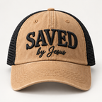 Saved by Jesus Embroidered Trucker Hat – Tan & Black