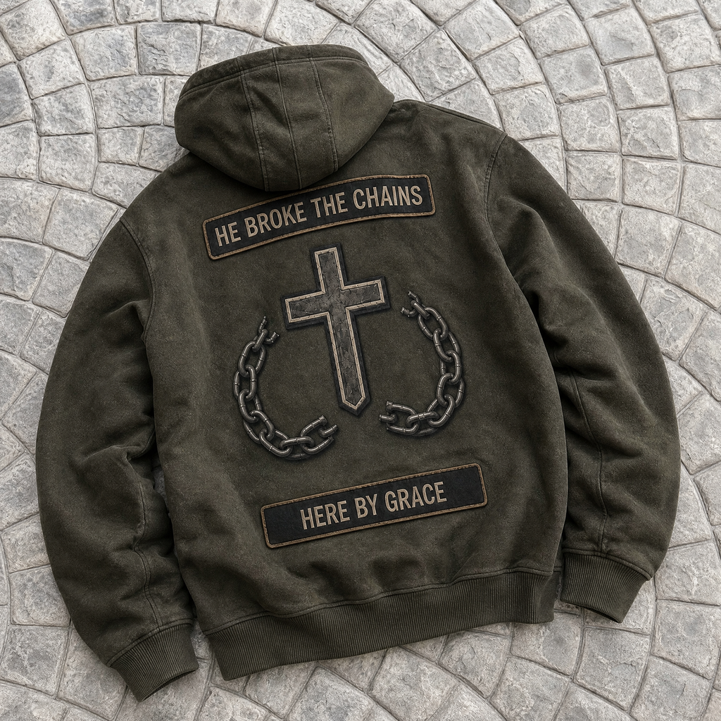 Dark Green hoodie with a cross and chain design on a stone pavement