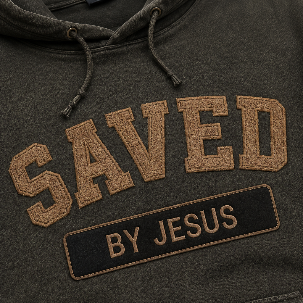 Dark Green hoodie with 'SAVED BY JESUS' text in brown on a dark background