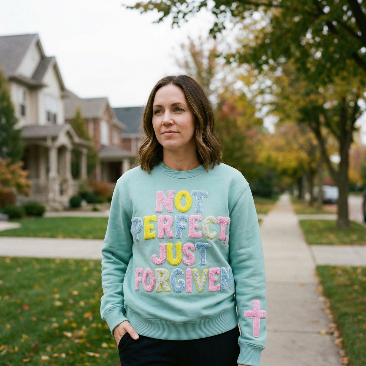 Not Perfect, Just Forgiven Aqua Crewneck