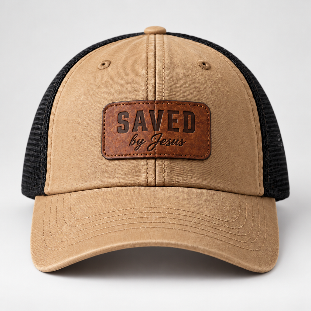 Saved by Jesus Script Patch Trucker Hat – Tan & Black