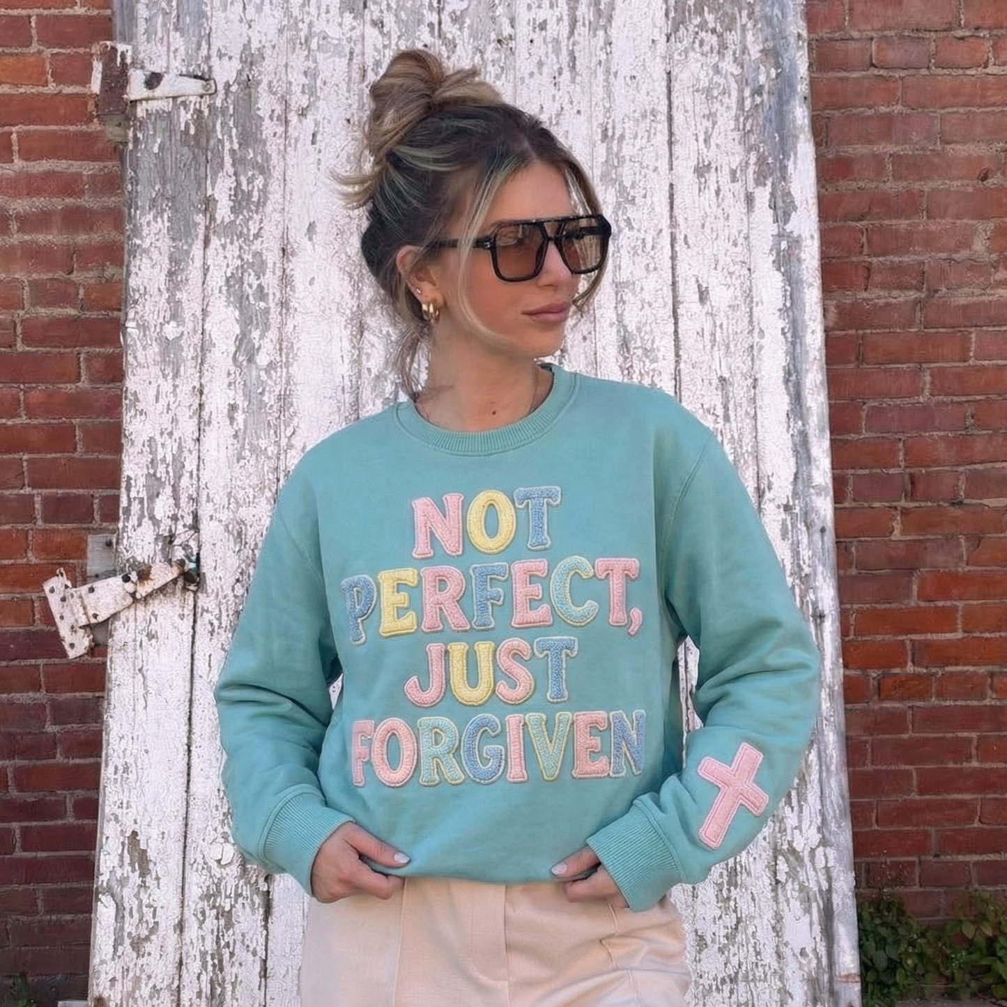 Not Perfect, Just Forgiven Aqua Crewneck Sweatshirt