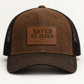 Brown black mesh trucker hat with brown stitched SAVED BY JESUS Saved & Sober leather-look patch
