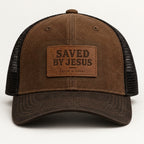 Brown black mesh trucker hat with brown stitched SAVED BY JESUS Saved & Sober leather-look patch