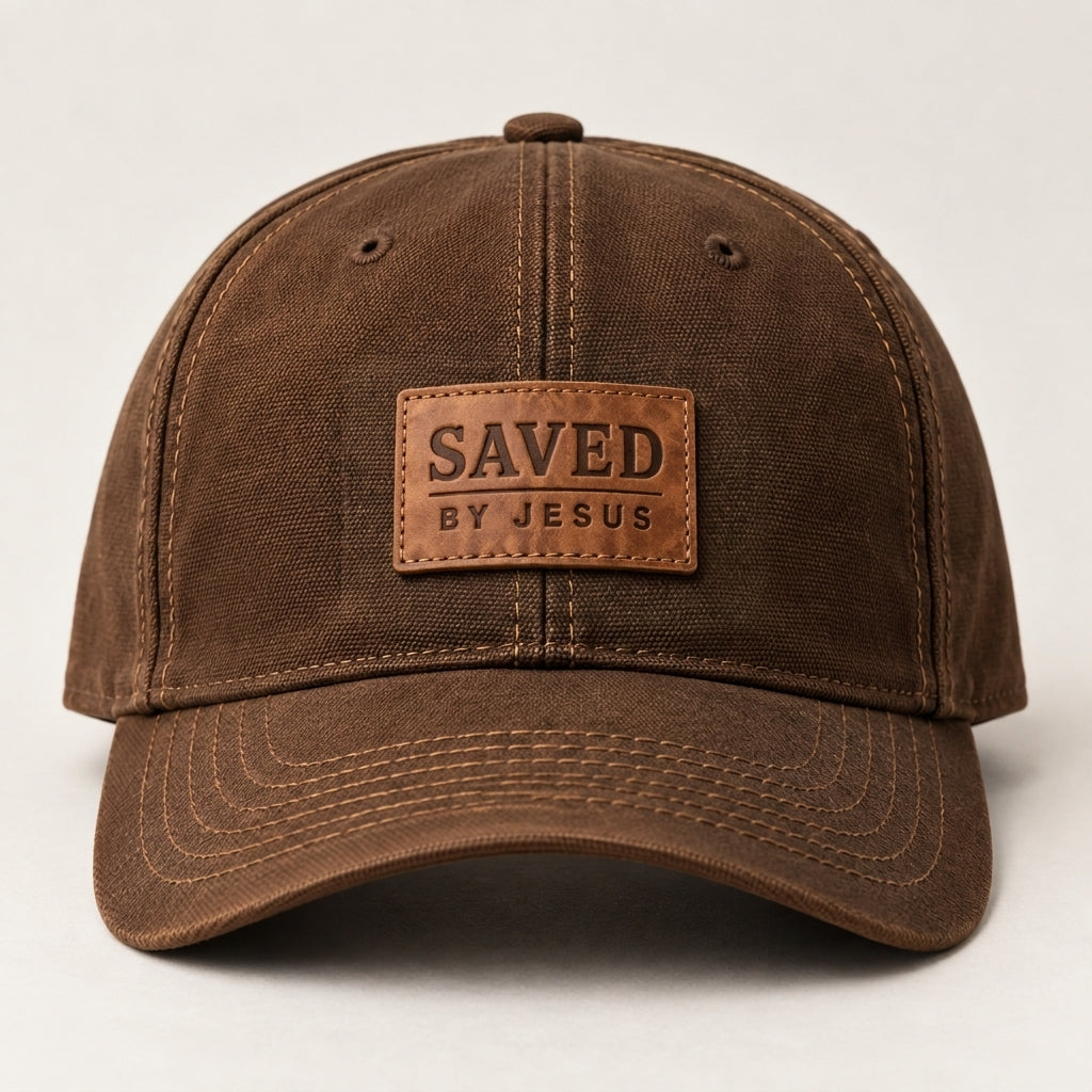 Heritage brown curved-brim cap with small tan stitched SAVED BY JESUS patch