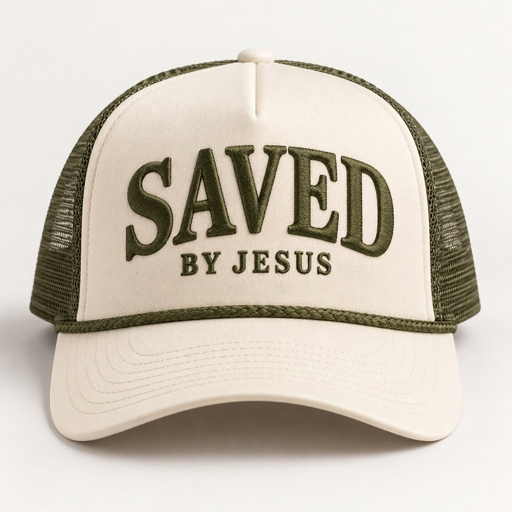 Cream front and brim rope trucker hat with olive mesh backing and olive SAVED BY JESUS embroidery