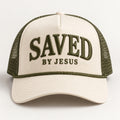 Cream front and brim rope trucker hat with olive mesh backing and olive SAVED BY JESUS embroidery