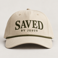 Cream rope hat with olive SAVED BY JESUS embroidery and olive rope accent
