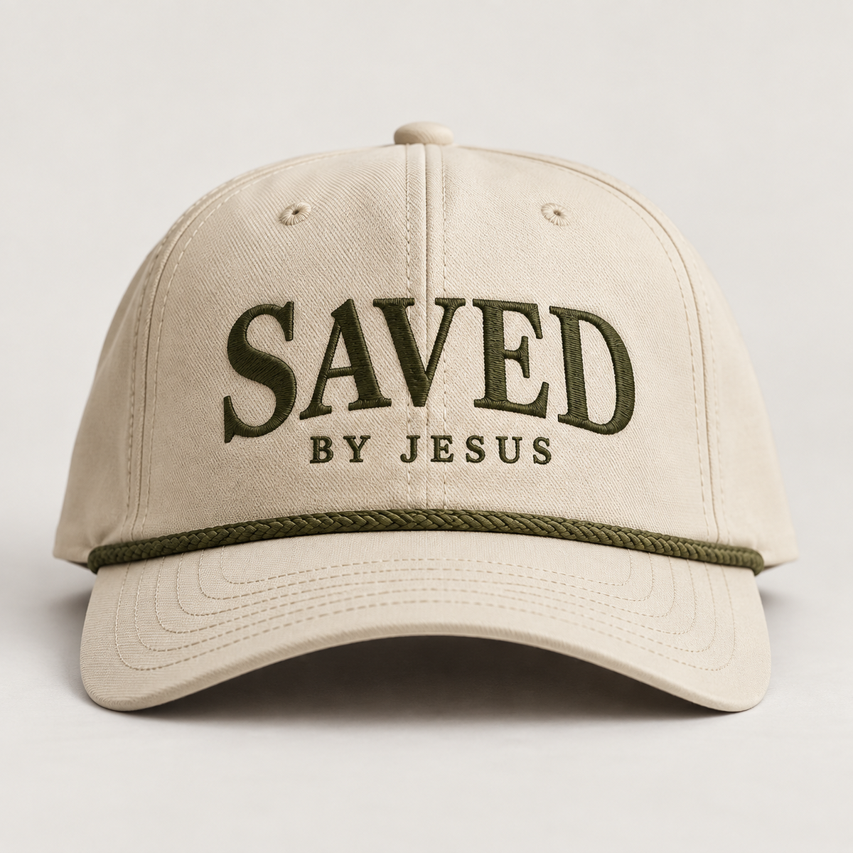 Cream rope hat with olive SAVED BY JESUS embroidery and olive rope accent
