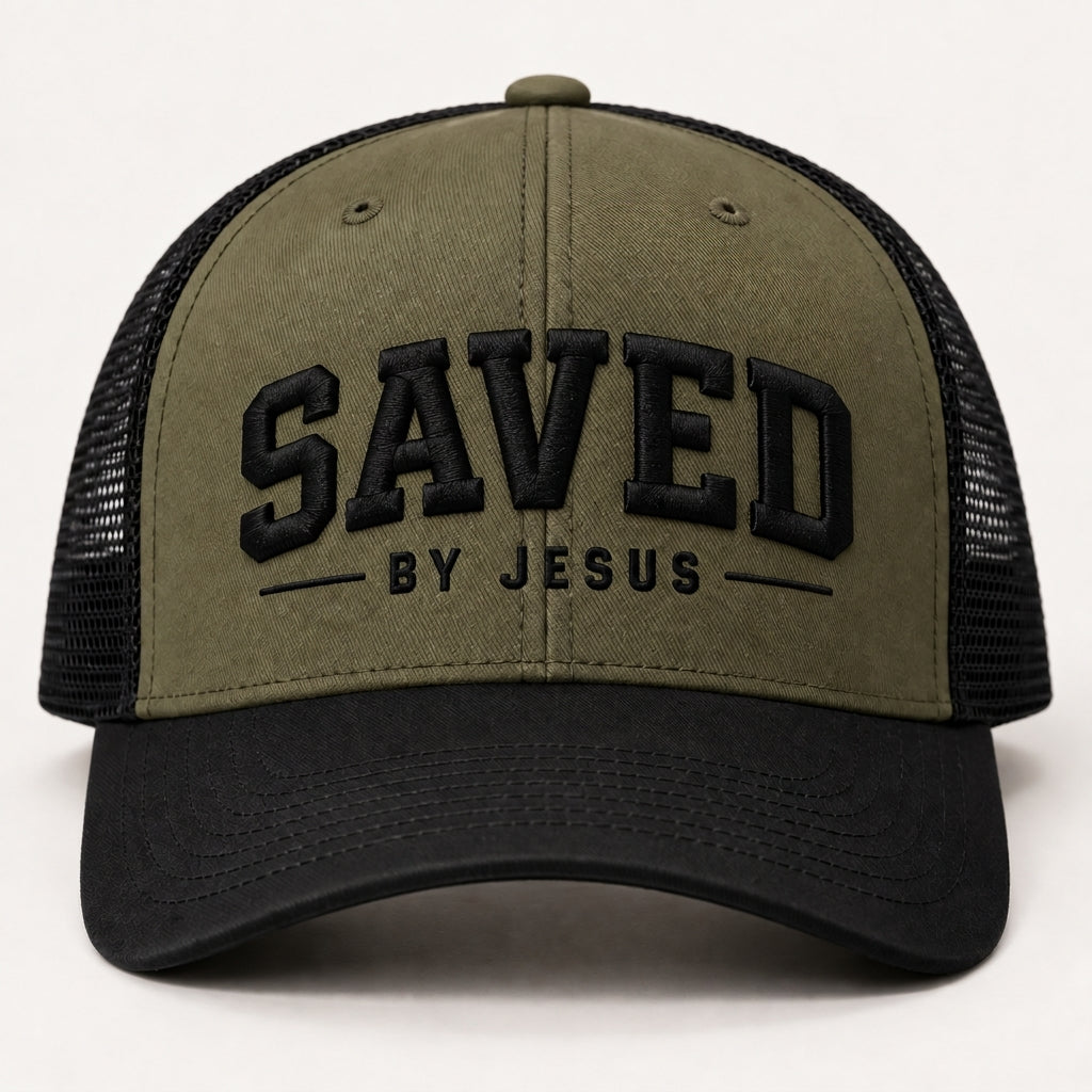 Olive green and black mesh trucker hat with raised black SAVED lettering and BY JESUS embroidery