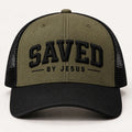 Olive green and black mesh trucker hat with raised black SAVED lettering and BY JESUS embroidery