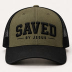 Olive green and black mesh trucker hat with raised black SAVED lettering and BY JESUS embroidery