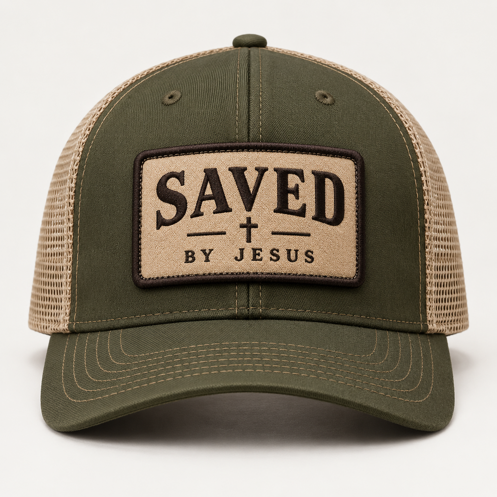 Olive and khaki mesh trucker hat with tan SAVED cross BY JESUS embroidered patch