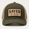 Olive and khaki mesh trucker hat with tan SAVED cross BY JESUS embroidered patch