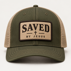 Olive and khaki mesh trucker hat with tan SAVED cross BY JESUS embroidered patch