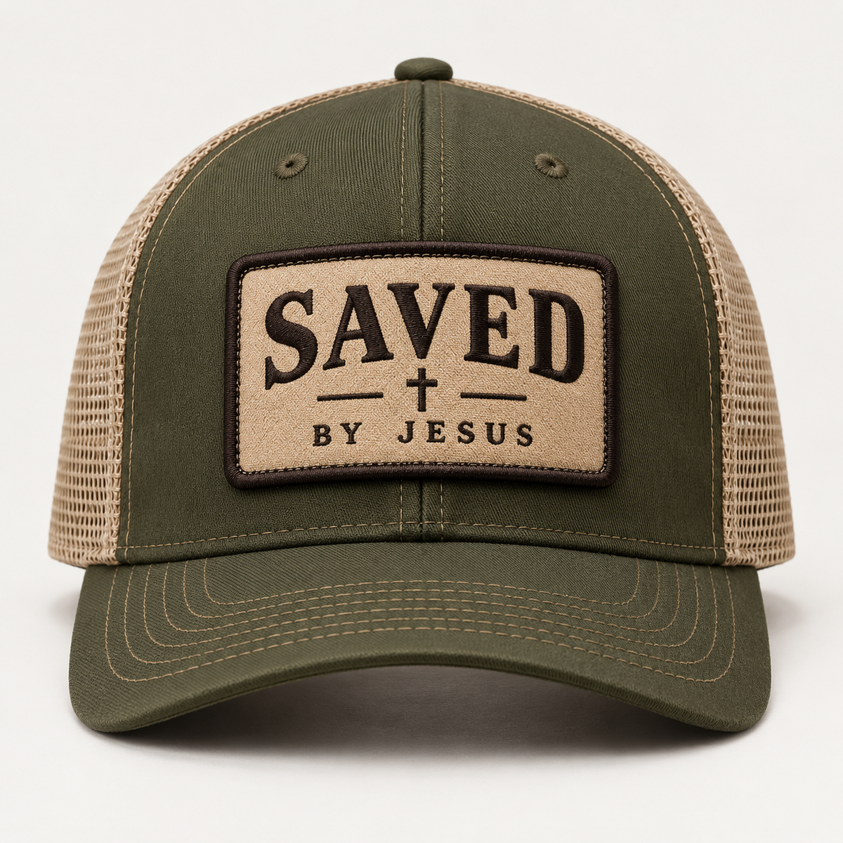 Olive and khaki mesh trucker hat with tan SAVED cross BY JESUS embroidered patch