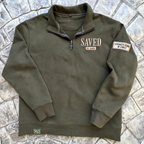 Heritage olive Saved by Jesus quarter zip flat lay with dark gunmetal cross zipper pull