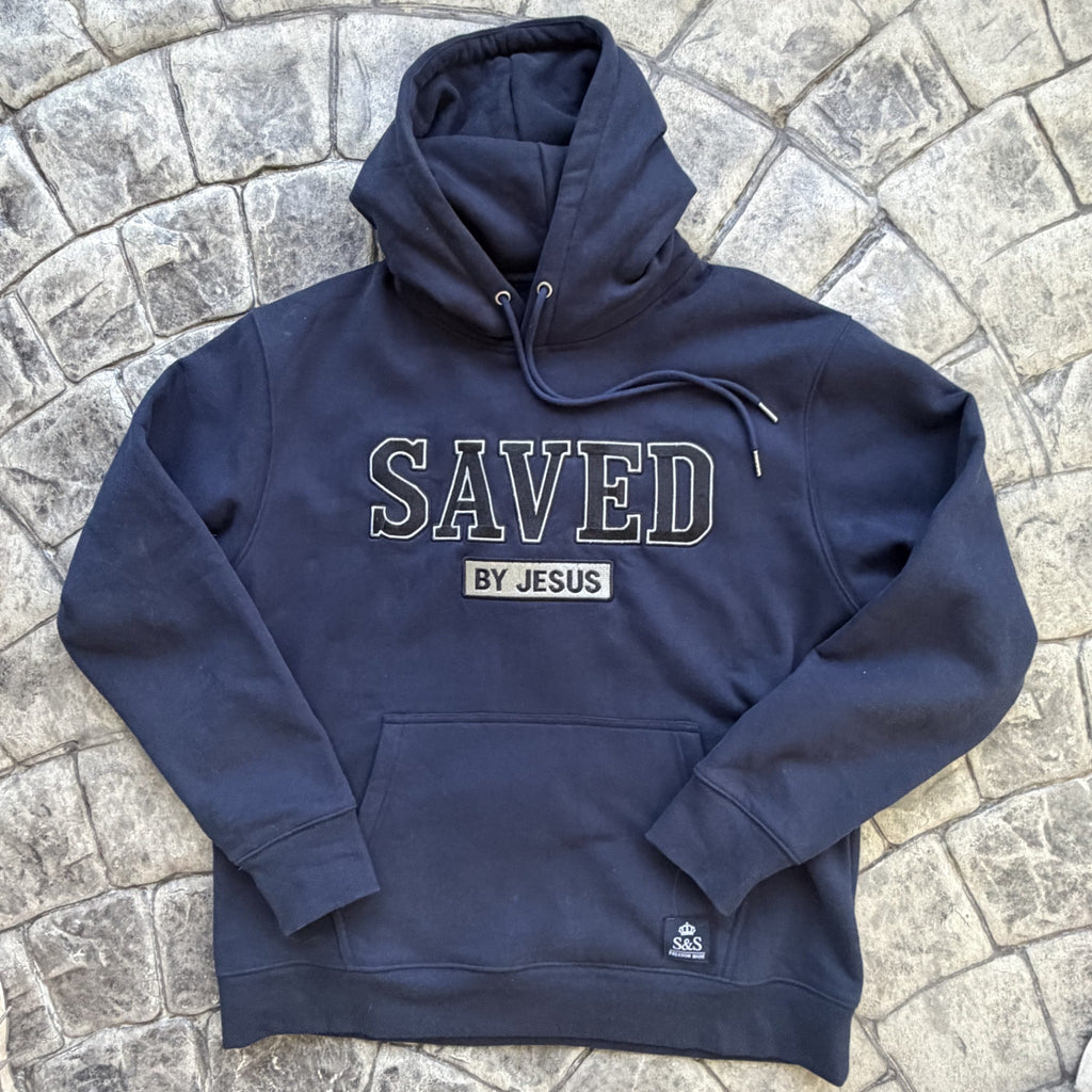 Heritage Navy Saved by Jesus hoodie front with embroidered SAVED and BY JESUS details