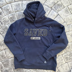 Heritage Navy Saved by Jesus hoodie front with embroidered SAVED and BY JESUS details